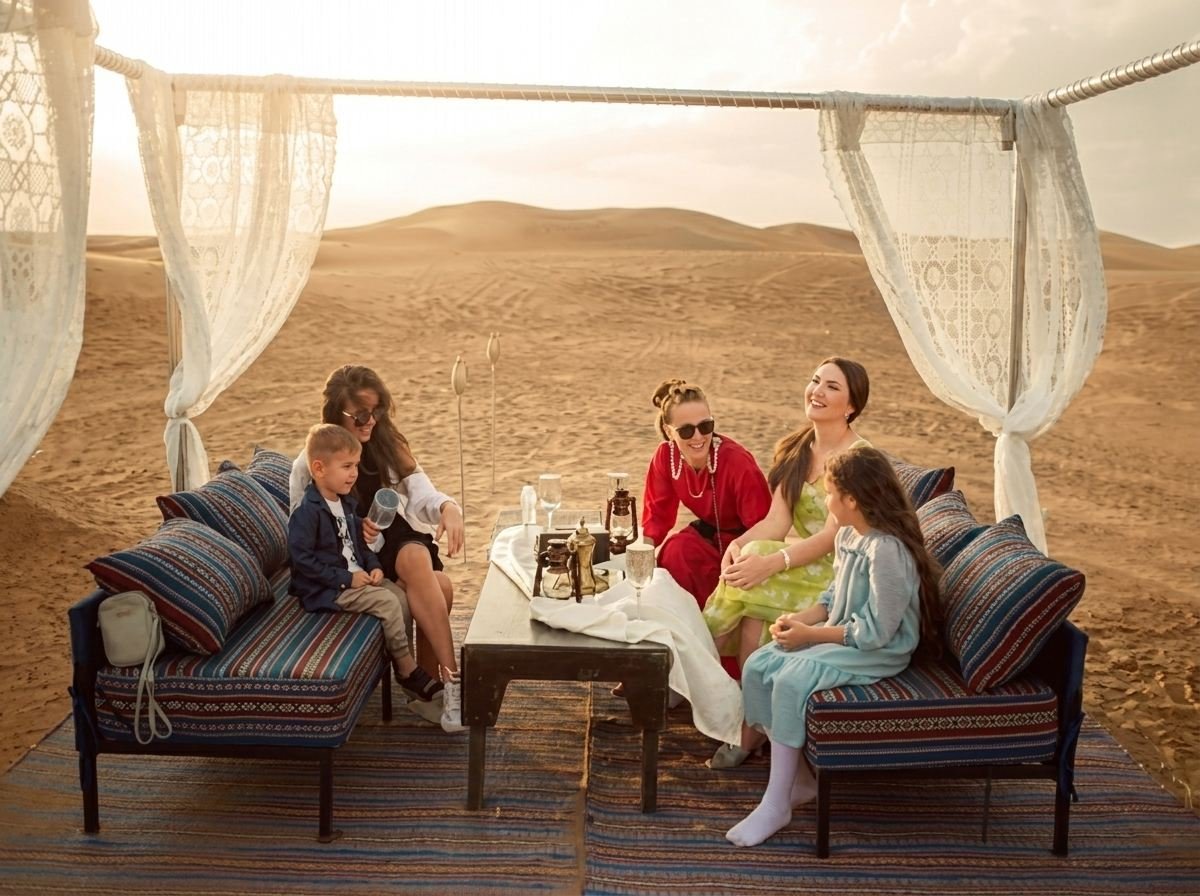Family enjoying desert dinner in Dubai